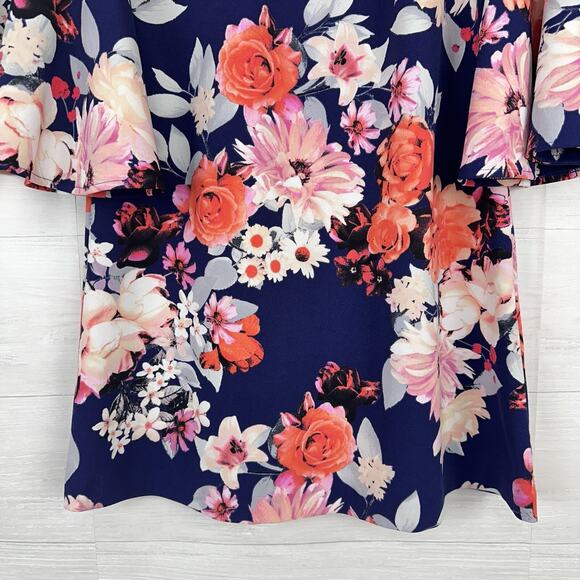 Eliza J Floral Print Shift Dress 12 Navy Blue Pink Bell Sleeve Wedding Guest - Picture 5 of 15